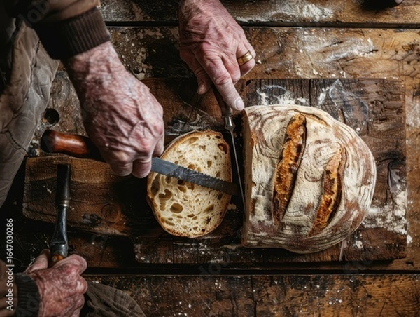 Fototapeta Elderly hands slice rustic sourdough loaf on wooden board. AI-generated.
