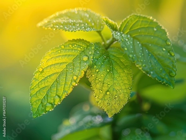Fototapeta Macro of dew-covered green leaves in soft morning light. AI-generated.