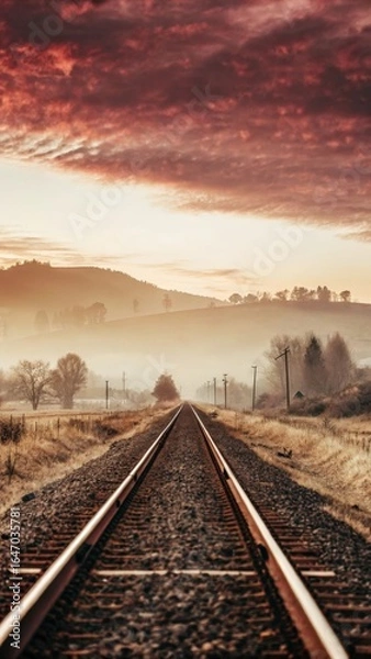Fototapeta Railway tracks in the morning fog. Vintage style toned picture
