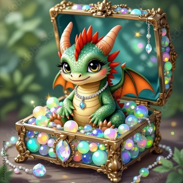 Fototapeta 3d rendering of a cute little dragon sitting in a treasure chest