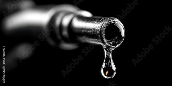 Fototapeta Oil drop drips from a metallic pipe against a dark background