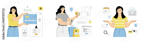 Fototapeta Secure mobile payments service. Online payment protection, smart secure shopping. Flat vector illustration isolated on white background.	

