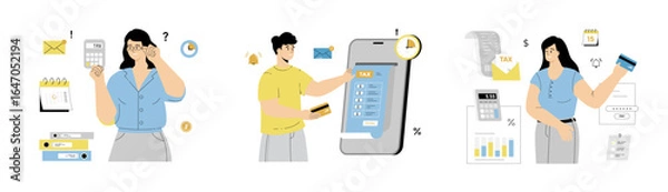 Fototapeta Tax online payment concept. People with bank card, tax form, invoice, calendar, calculator. Flat vector illustration isolated on white background.	
