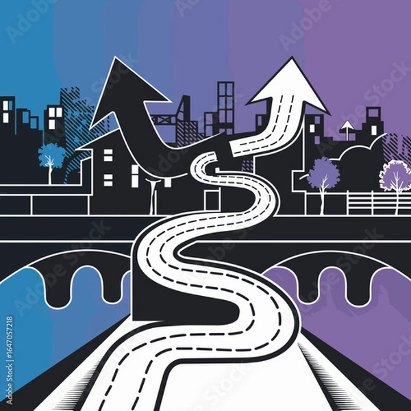 Obraz Manga-style dotted navigation path through cityscape with buildings