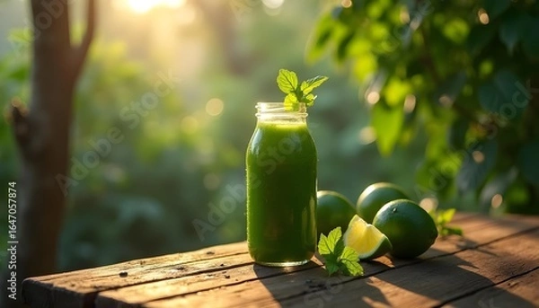 Fototapeta "Green Detox Juice with Kale and Lime in Jungle Lodge Setting"