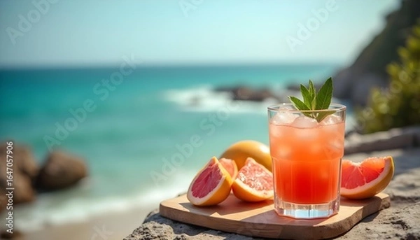 Fototapeta "Grapefruit Juice Drink with Cliffside Ocean View Café Setting"