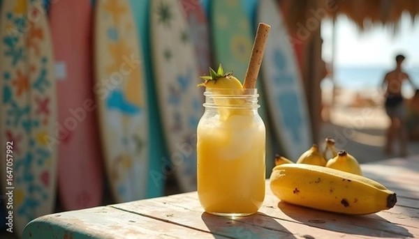 Fototapeta "Pineapple Banana Smoothie Drink at Tropical Surf Café"