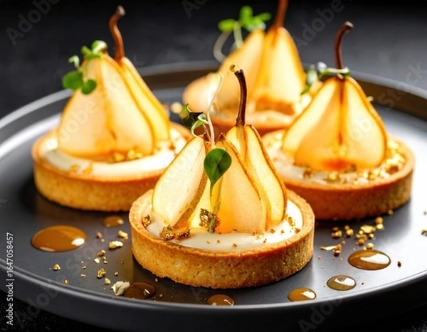 Fototapeta Elegant pear desserts on a plate with caramel and edible gold