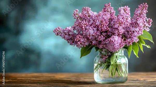 Fototapeta Beautiful lilac flowers arranged in a glass jar on a wooden table against a soft blue background