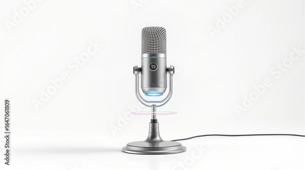 Fototapeta Modern Silver Condenser Microphone with Blue Light on White Background for Professional Audio Recording and Podcasting
