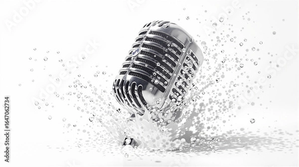 Fototapeta Dynamic Silver Vintage Microphone with Splashing Water on Clean White Background, Representing Sound, Music, and Performance