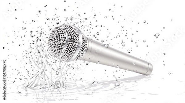 Fototapeta Dynamic Silver Microphone Splashing in Water on White Background, Illustrating Durability and Performance in Audio Technology, Isolated Studio Shot