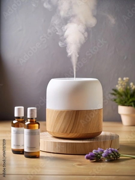 Fototapeta Matte white electric diffuser on a low ash wood platform, emitting lavender mist, with deep plum essential oil bottles beside it, against a soft greige wall