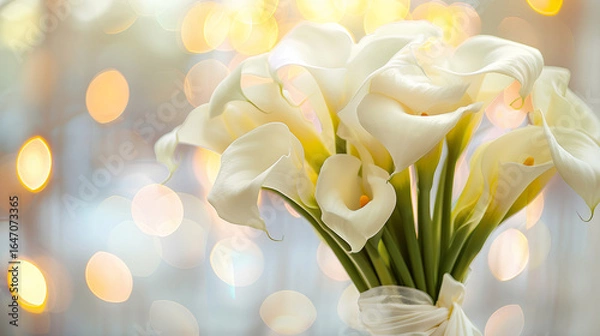 Fototapeta A bouquet of white calla lilies on a soft pastel background
