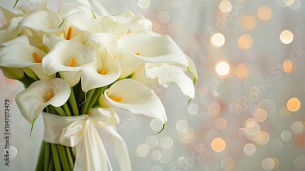 Fototapeta A bouquet of white calla lilies on a soft pastel background