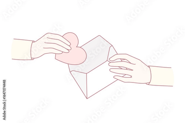 Fototapeta People keep paper heart in envelope share love and care. Hand take out heart symbol from letter, get valentine postcard. Support and charity concept. Vector illustration.