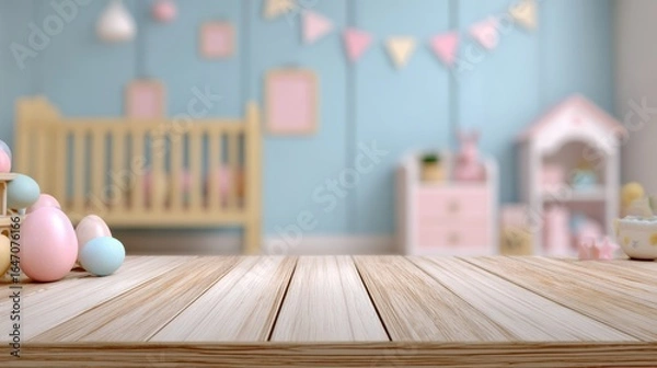 Fototapeta Empty wooden table with blurred baby nursery room background - product display mockup for baby items