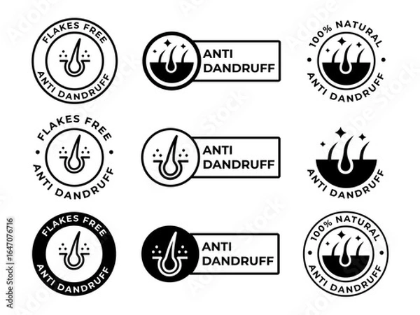 Fototapeta Antidandruff labels shampoo hair care vector signs, Collection of vintage style round and rectangular labels featuring anti dandruff hair care icons and text