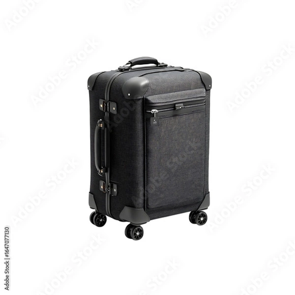Fototapeta Sophisticated dark grey textured spinner suitcase with leather accents and sturdy wheels, perfect for stylish modern travel and business trips.