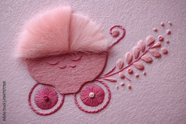 Fototapeta Hand embroidered baby carriage with floral decoration on pink felt fabric - handmade craft
