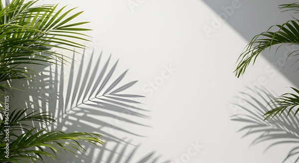 Fototapeta Sunlit Palm Leaf Shadows on White Wall — Minimal Tropical Summer Background