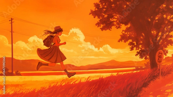 Fototapeta 黄昏に照らされた田舎の一本道を歩く少女　学生服が夕日の光を受けて輝く　懐かしさと郷愁を感じさせる穏やかな日没の情景を描いたイラスト