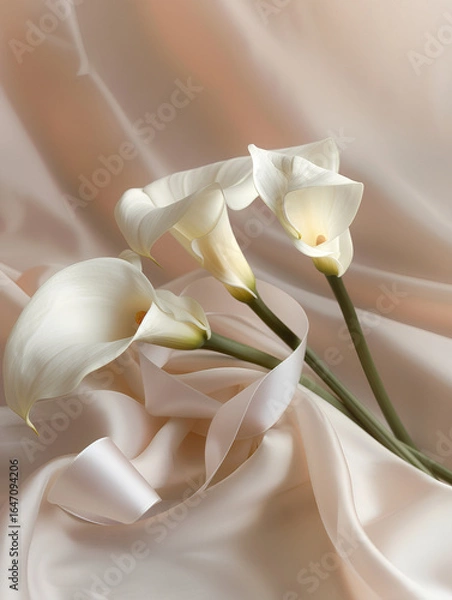Fototapeta Minimalist composition with white calla lilies on a soft matte pastel background