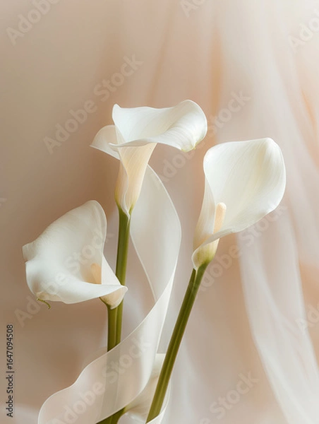 Fototapeta Minimalist composition with white calla lilies on a soft matte pastel background