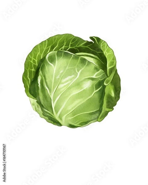 Fototapeta Fresh green cabbage sits whole on a clean background, showcasing its vibrant leaves and natural textures of the vegetable
