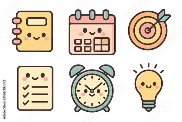 Obraz Cute icons of planner, calendar, checklist, clock, and light bulb planning structure icons