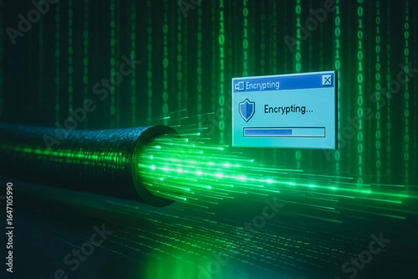 Fototapeta Digital Encryption in Fiber Optic Cable: A dynamic scene where a bundle of green illuminated fiber optic cables conveys digital data while the encryption process is in progress with a security icon.