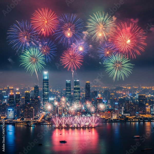 Obraz New Year fireworks over city skyline