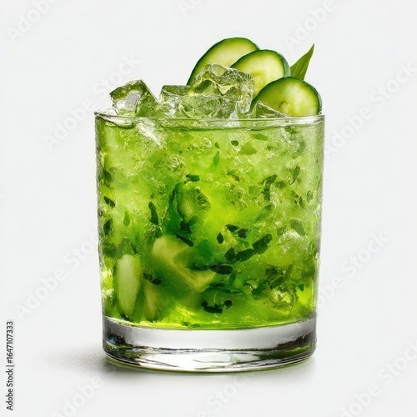 Fototapeta Refreshing green cocktail, garnished with cucumber slices and mint
