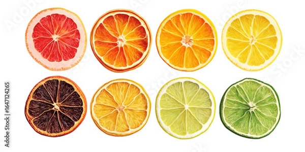 Fototapeta Dried and fresh citrus fruit wheel slices PNG set, cutout isolated on transparent background. Grapefruit, orange, lemon, lime cocktail garnish decoration graphic resource