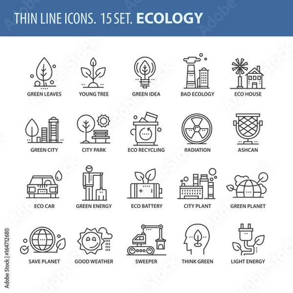 Fototapeta Set of thin line flat icons. Ecology