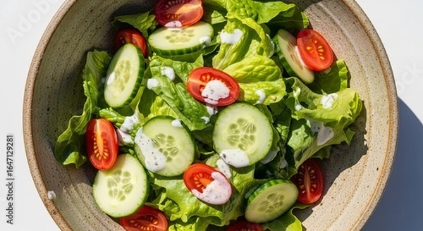 Fototapeta A top view of a fresh salad with lettuce, cucumber, tomatoes, and dressing in a ceramic bowl