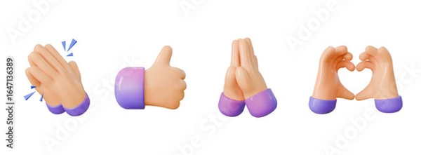 Obraz 3d hand render gestures different emotions like, folded, Clapping and heart Hands icon