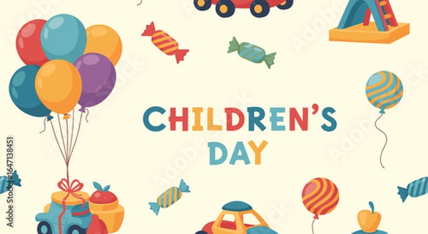 Fototapeta Colorful children's day illustration with toys and balloons