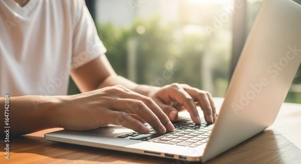 Fototapeta Person typing on a laptop computer with sunlight streaming through a window creating a warm atmosphere