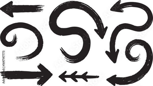 Fototapeta Set of various handdrawn black arrows and directional symbols isolated on white background