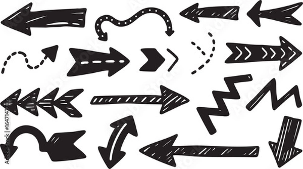 Fototapeta Assortment of handdrawn black arrows and abstract shapes isolated on white background