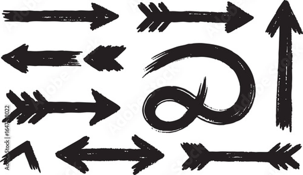 Fototapeta Assortment of handdrawn black arrows and abstract shapes isolated on white background