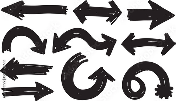 Fototapeta Assortment of handdrawn black arrows and abstract shapes isolated on white background