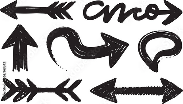 Fototapeta Assortment of handdrawn black arrows and abstract shapes isolated on white background
