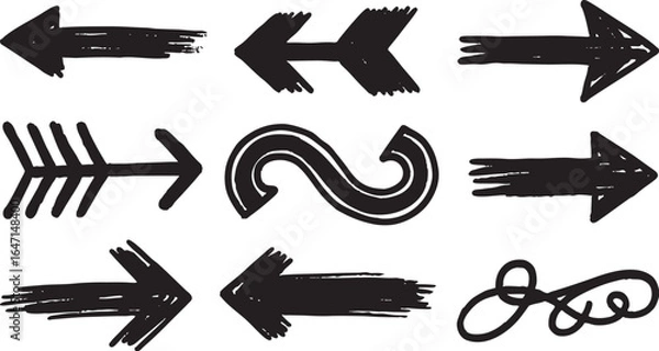 Fototapeta Assortment of handdrawn black arrows and abstract shapes isolated on white background