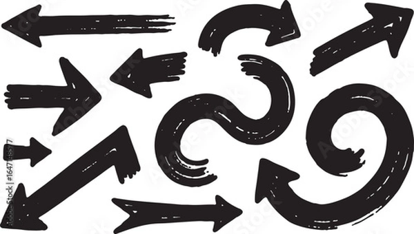 Fototapeta Assortment of handdrawn black arrows and abstract shapes isolated on white background