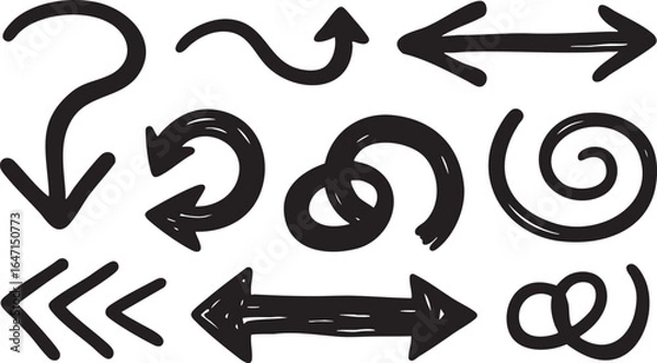 Fototapeta Set of black handdrawn arrows and directional elements isolated on white background