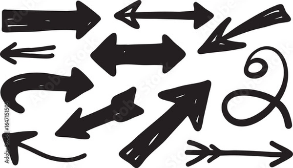 Fototapeta Various handdrawn black arrows and directional symbols isolated on white background