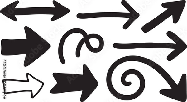 Fototapeta Various handdrawn black arrows and directional symbols isolated on white background