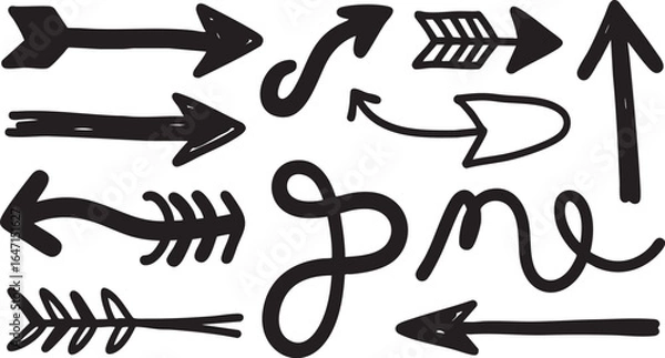 Fototapeta Various handdrawn black arrows and directional symbols isolated on white background